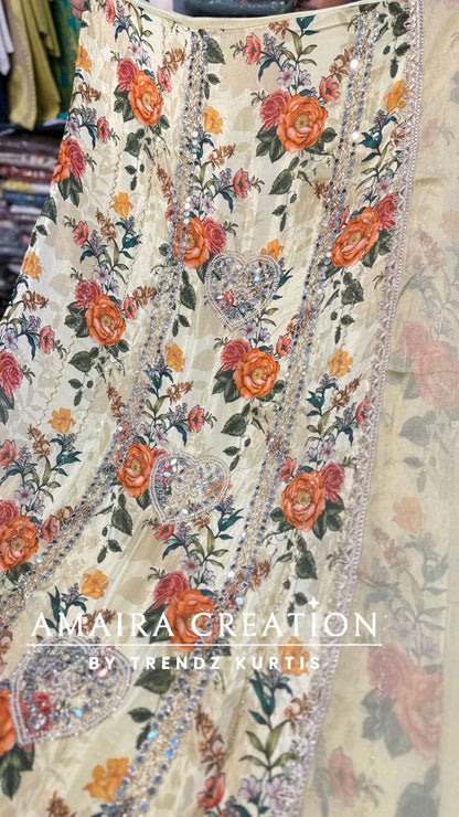Premium Printed Glass Tissue Fabric Unstitch Suit