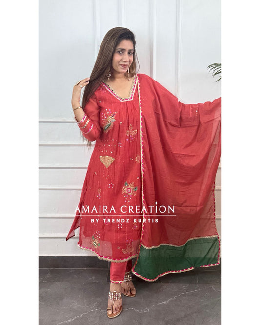 Premium Mull Chanderi Beautiful Brick Colour A line Set