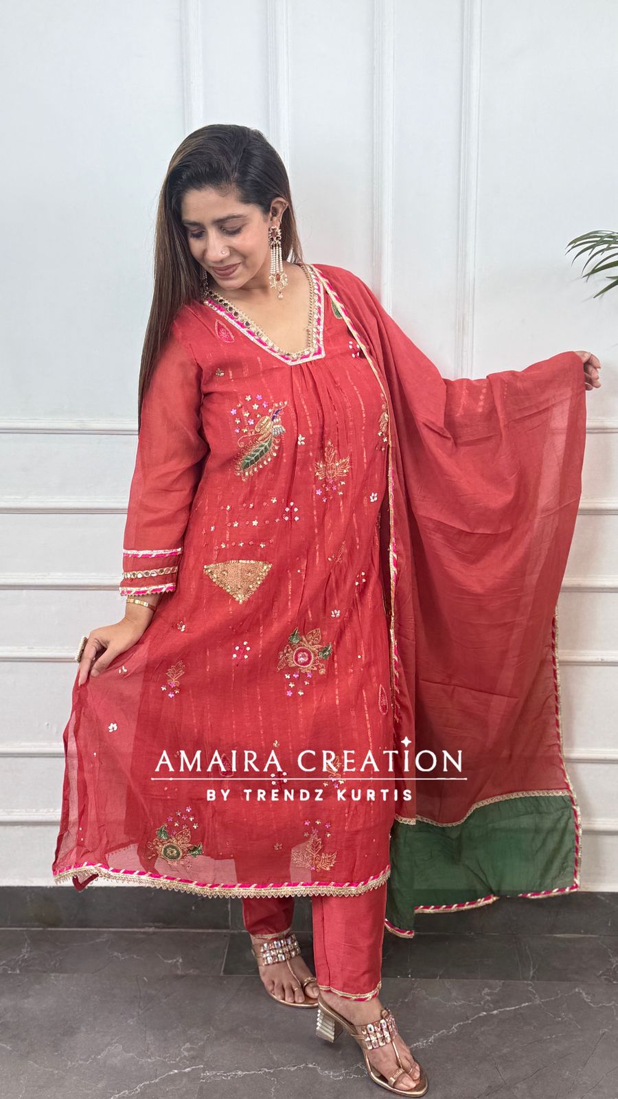 Premium Mull Chanderi Beautiful Brick Colour A line Set