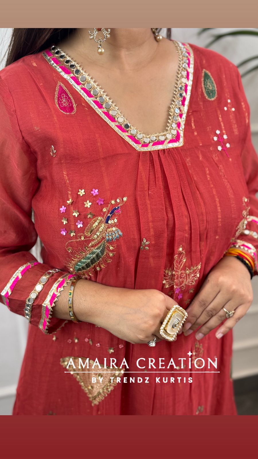 Premium Mull Chanderi Beautiful Brick Colour A line Set