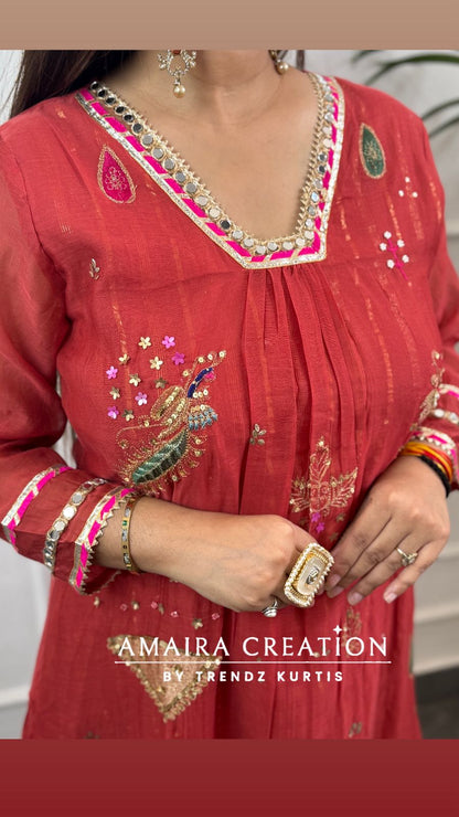 Premium Mull Chanderi Beautiful Brick Colour A line Set