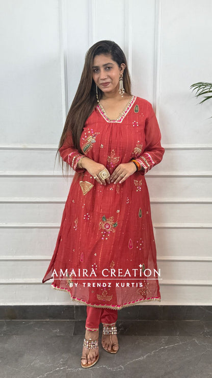 Premium Mull Chanderi Beautiful Brick Colour A line Set