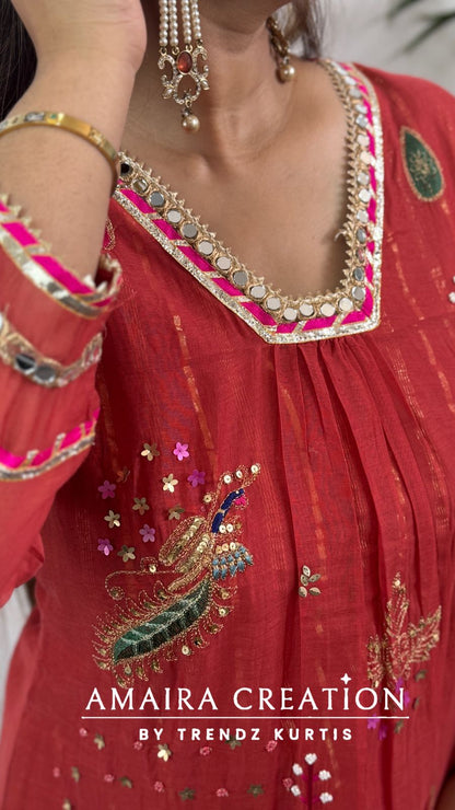 Premium Mull Chanderi Beautiful Brick Colour A line Set