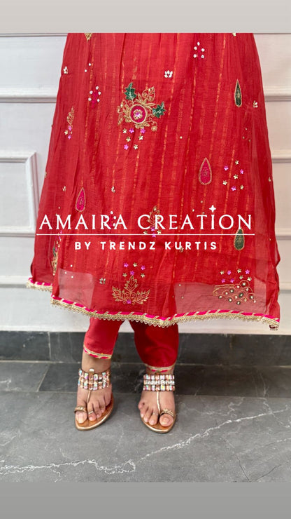 Premium Mull Chanderi Beautiful Brick Colour A line Set