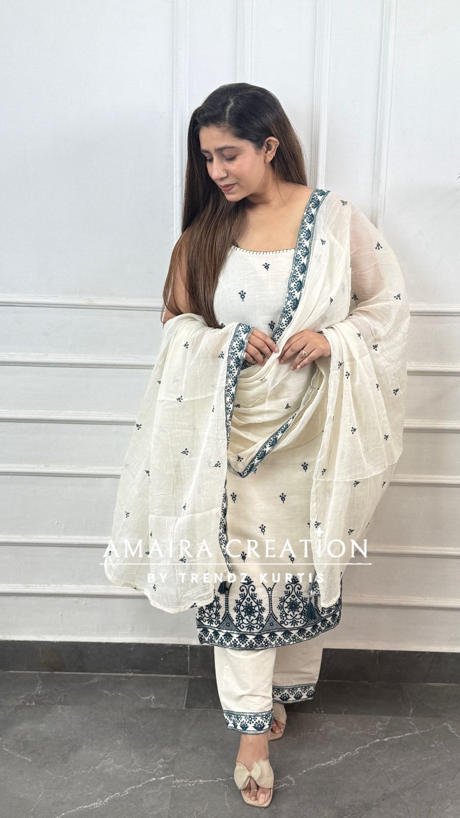 Noodle Strap White Peacock Blue Embroidered Pant Set