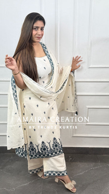 Noodle Strap White Peacock Blue Embroidered Pant Set