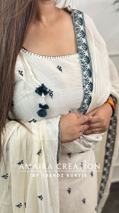 Noodle Strap White Peacock Blue Embroidered Pant Set