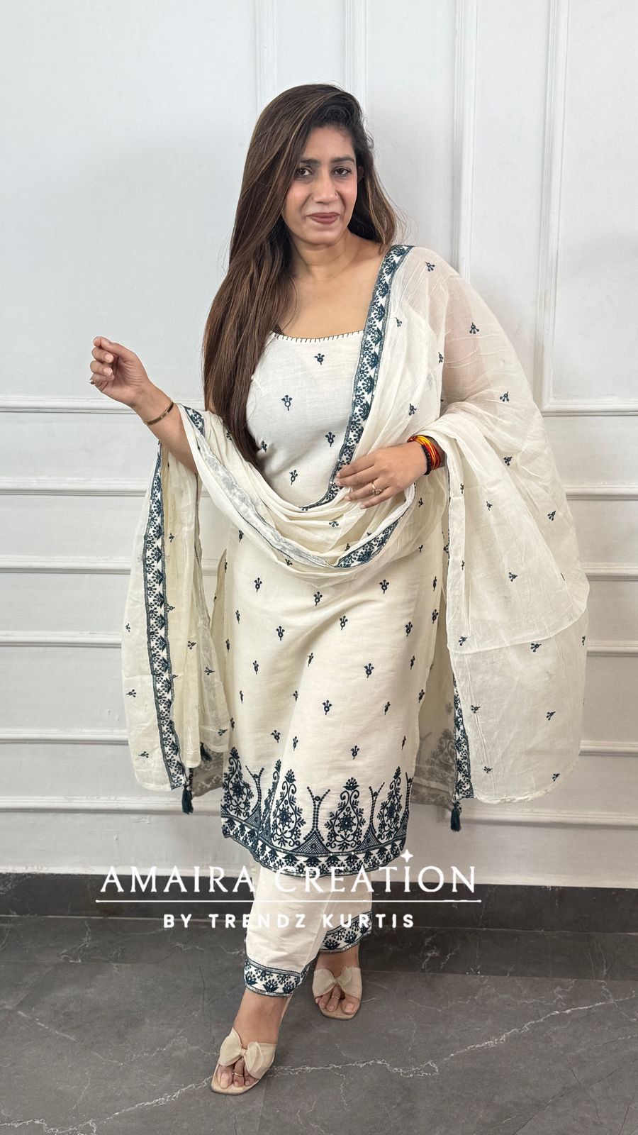 Noodle Strap White Peacock Blue Embroidered Pant Set