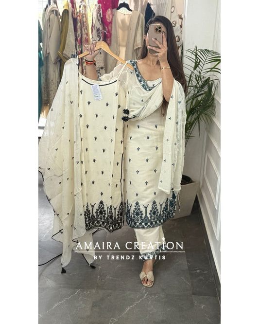 Noodle Strap White Peacock Blue Embroidered Pant Set