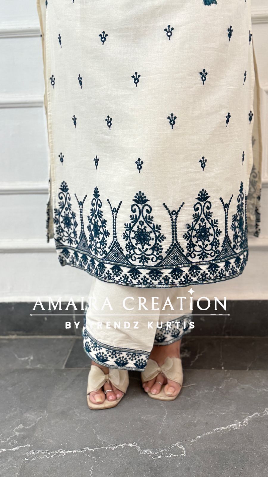 Noodle Strap White Peacock Blue Embroidered Pant Set