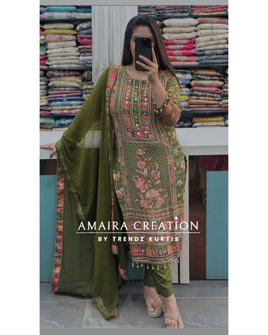 Premium Crepe Mehendi Green Pant Set