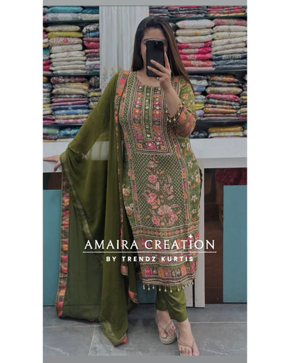 Premium Crepe Mehendi Green Pant Set