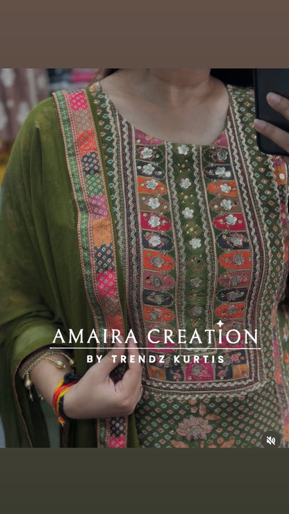 Premium Crepe Mehendi Green Pant Set