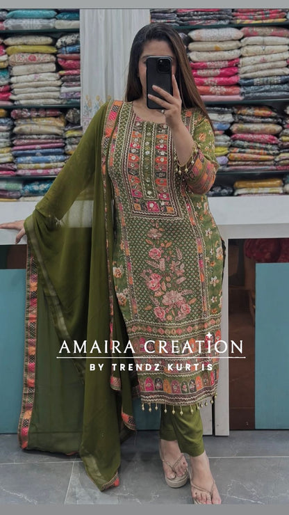 Premium Crepe Mehendi Green Pant Set