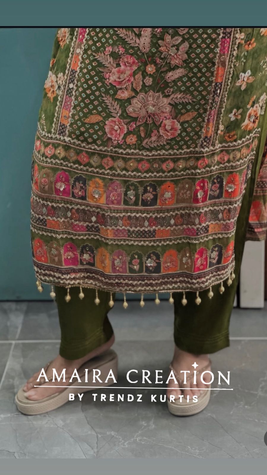 Premium Crepe Mehendi Green Pant Set