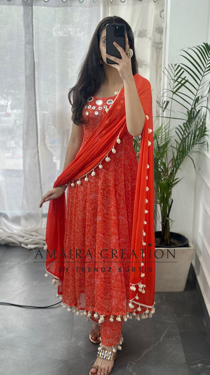 Premium Chiffon Orange Anarkali (9inches sleeves available )