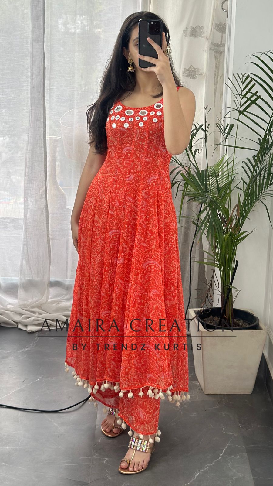 Premium Chiffon Orange Anarkali (9inches sleeves available )