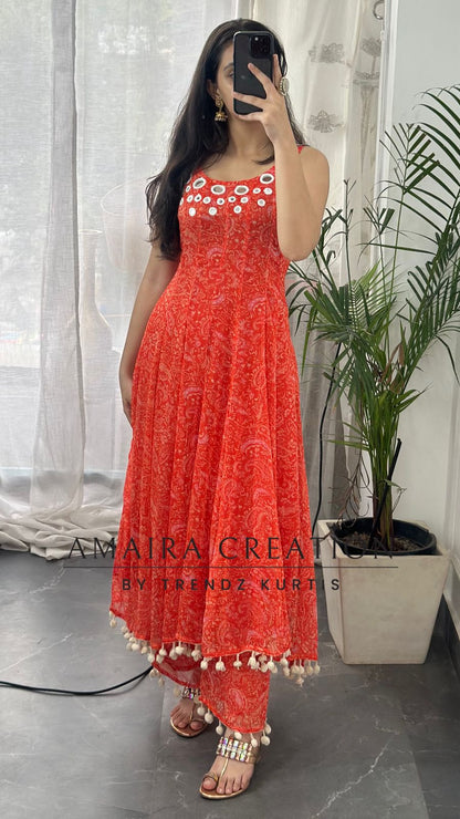 Premium Chiffon Orange Anarkali (9inches sleeves available )