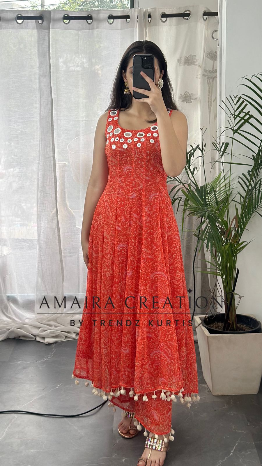 Premium Chiffon Orange Anarkali (9inches sleeves available )