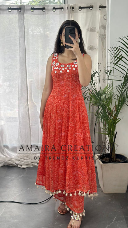 Premium Chiffon Orange Anarkali (9inches sleeves available )