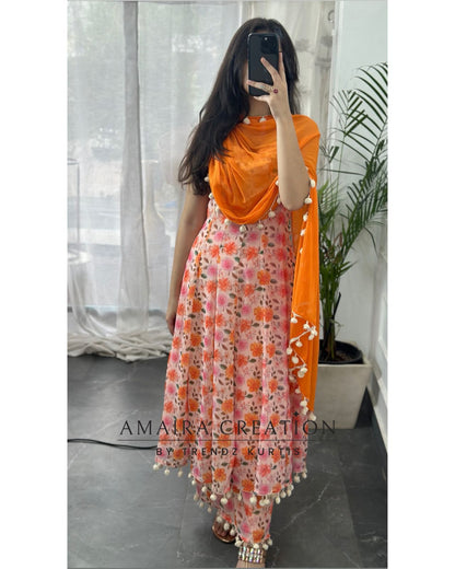 Premium Chiffon Peach Anarkali (9inches sleeves available )