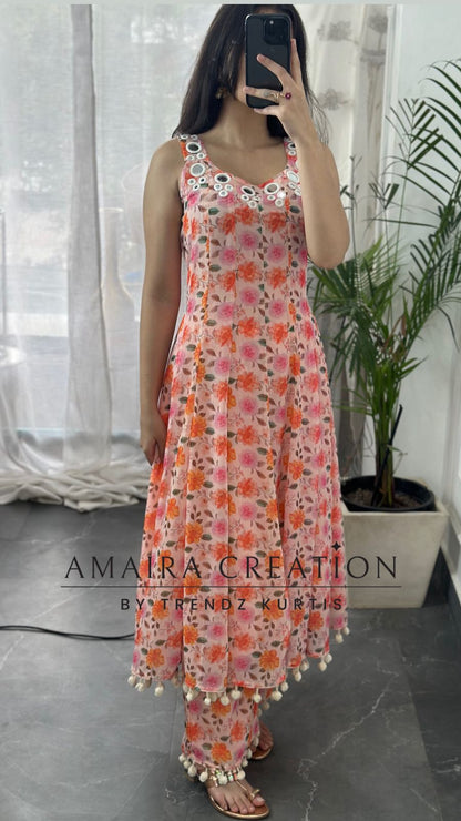 Premium Chiffon Peach Anarkali (9inches sleeves available )