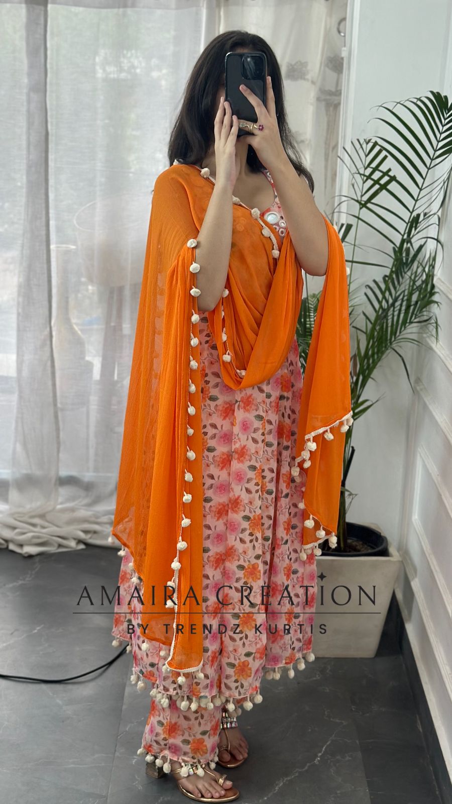 Premium Chiffon Peach Anarkali (9inches sleeves available )