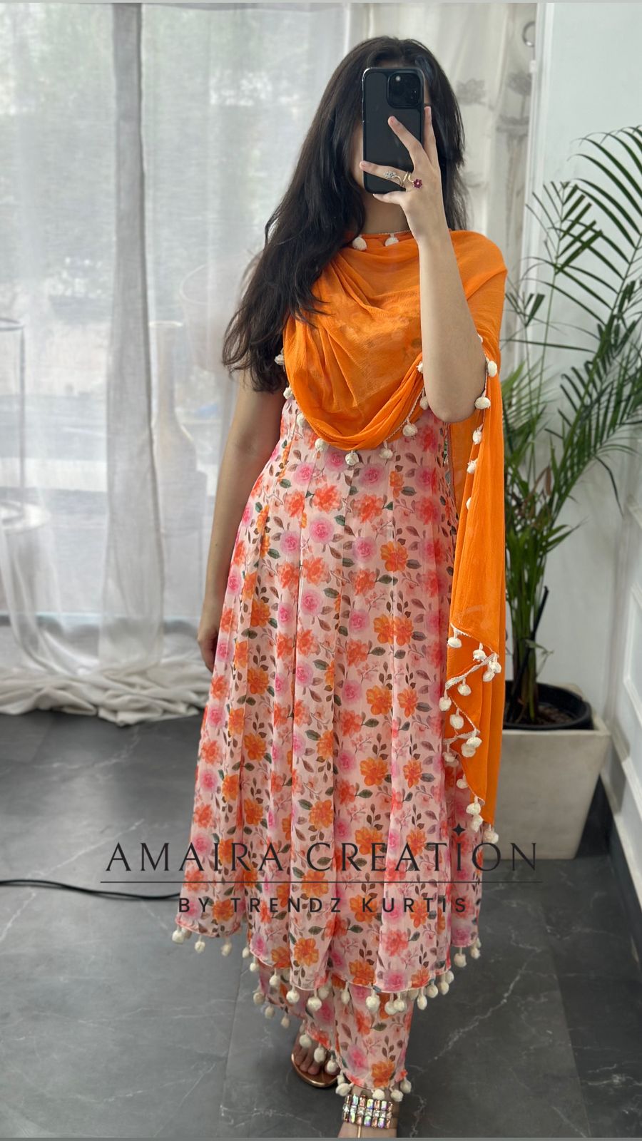 Premium Chiffon Peach Anarkali (9inches sleeves available )