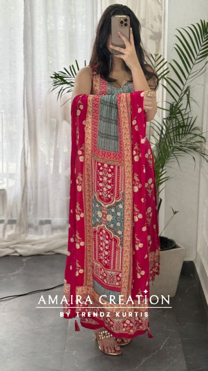 Premium Crepe Strap Pattern Designer Pant Set(16 inches sleeves available)