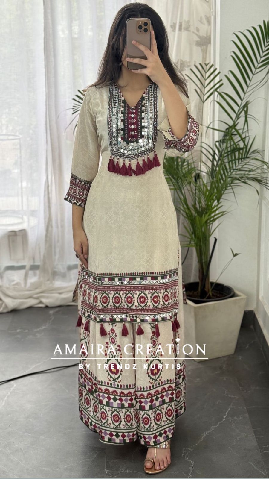 Beautiful Crepe Beige & Falsa Full Ghera Divider Set