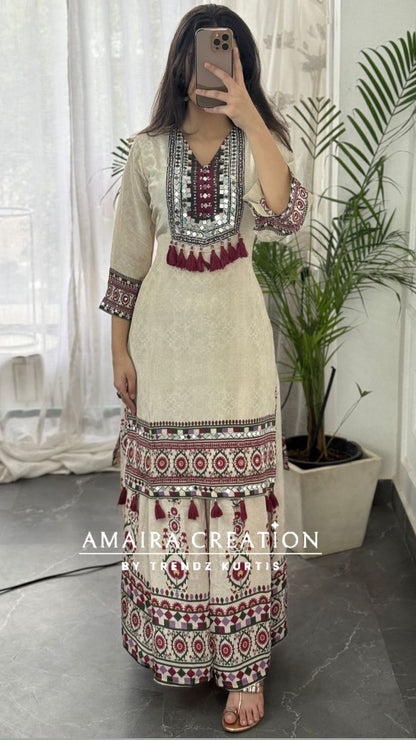 Beautiful Crepe Beige & Falsa Full Ghera Divider Set