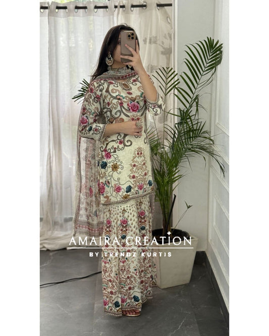 Premium Crepe Cream Floral Sharara Set
