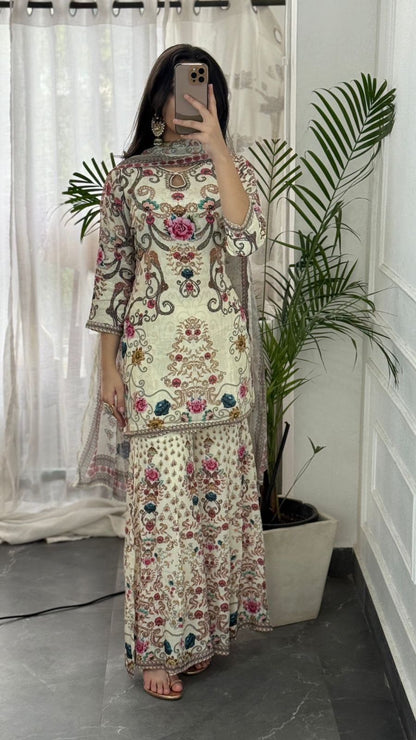 Premium Crepe Cream Floral Sharara Set