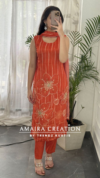 Premium Chinnon Orange Pant Set(16 inches sleeves available)