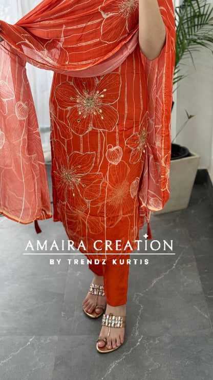 Premium Chinnon Orange Pant Set(16 inches sleeves available)