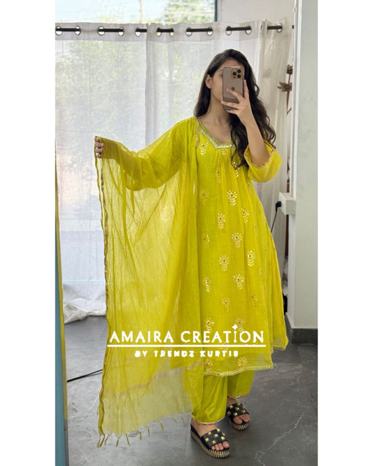 Premium Mul chanderi Neon A line Pant Set