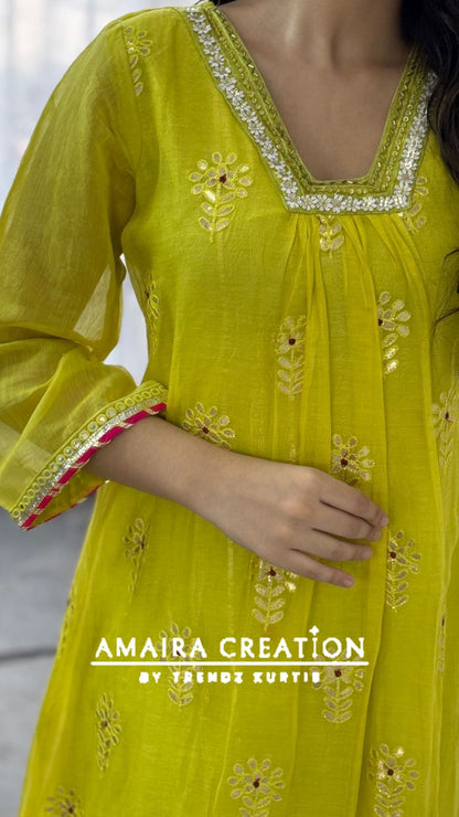 Premium Mul chanderi Neon A line Pant Set