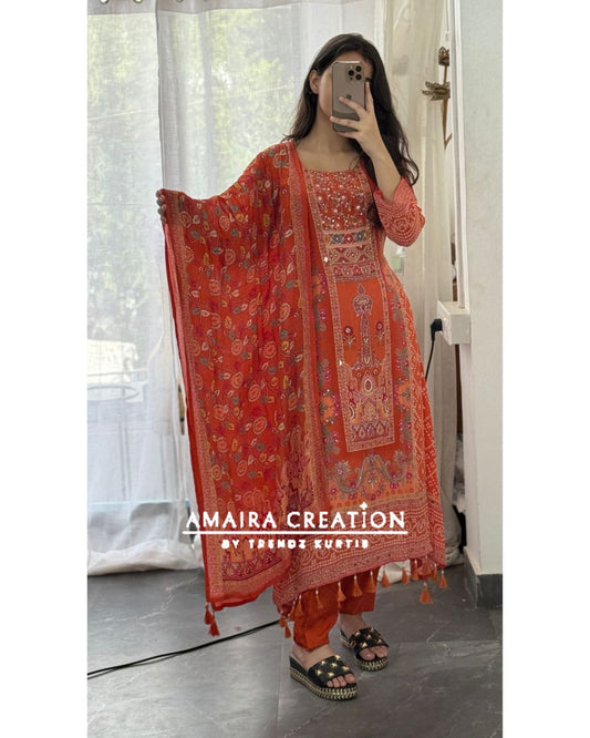 Premium Crepe C Cut Orange Pant Set