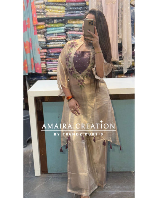 Premium Shimmery Organza Mouse Purple Colour Three Indo-Western Set