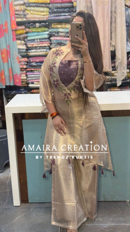 Premium Shimmery Organza Mouse Purple Colour Three Indo-Western Set