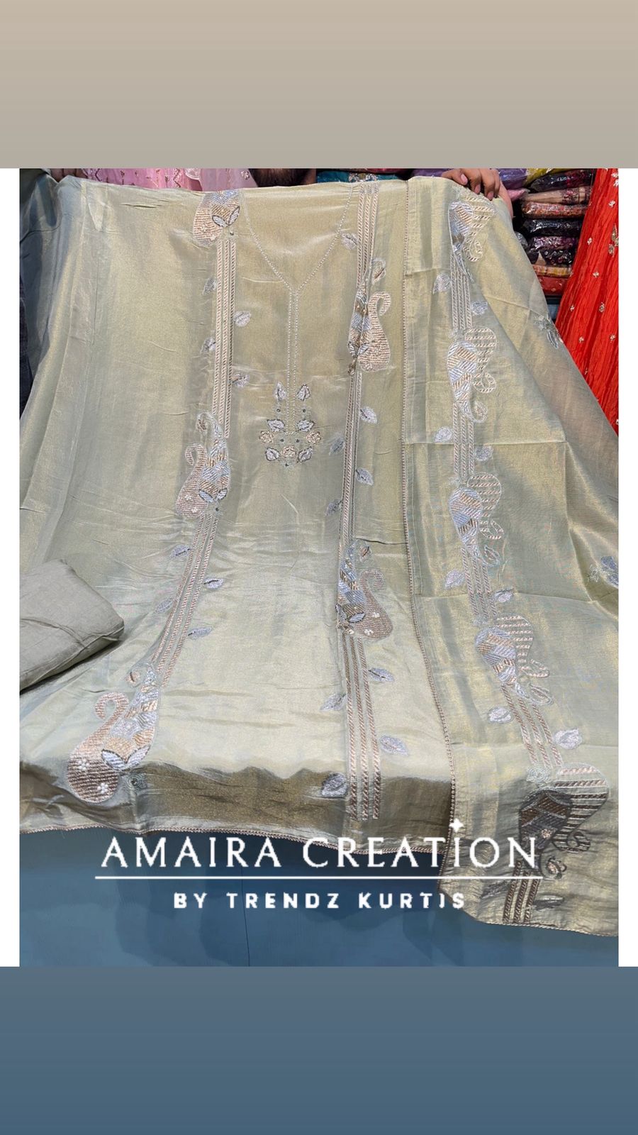 Premium Glass Tissue Pista Green Unstitched Suit with Beauiful Deatiling Dupatta