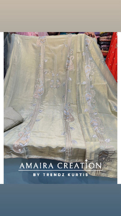 Premium Glass Tissue Pista Green Unstitched Suit with Beauiful Deatiling Dupatta