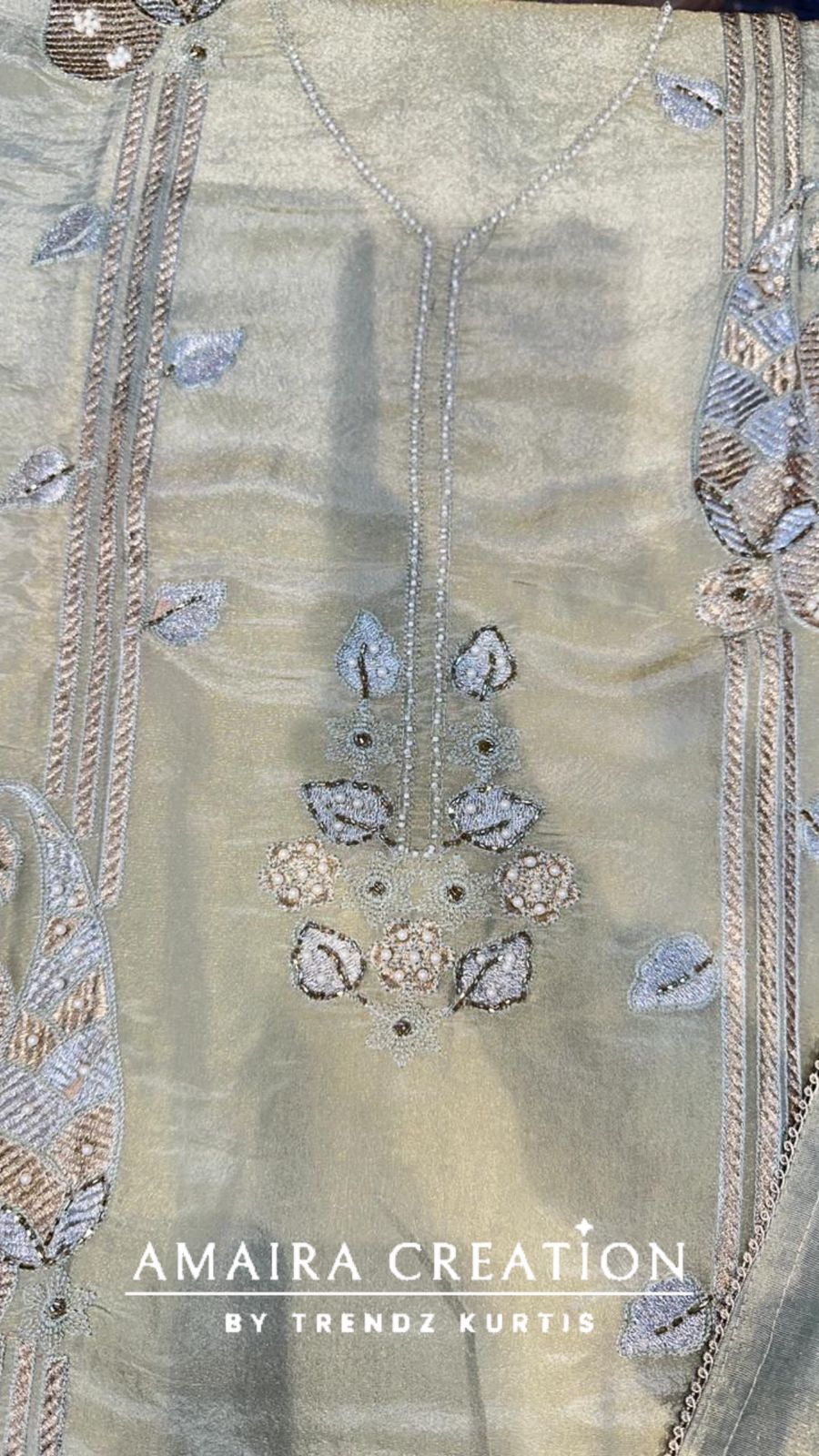 Premium Glass Tissue Pista Green Unstitched Suit with Beauiful Deatiling Dupatta