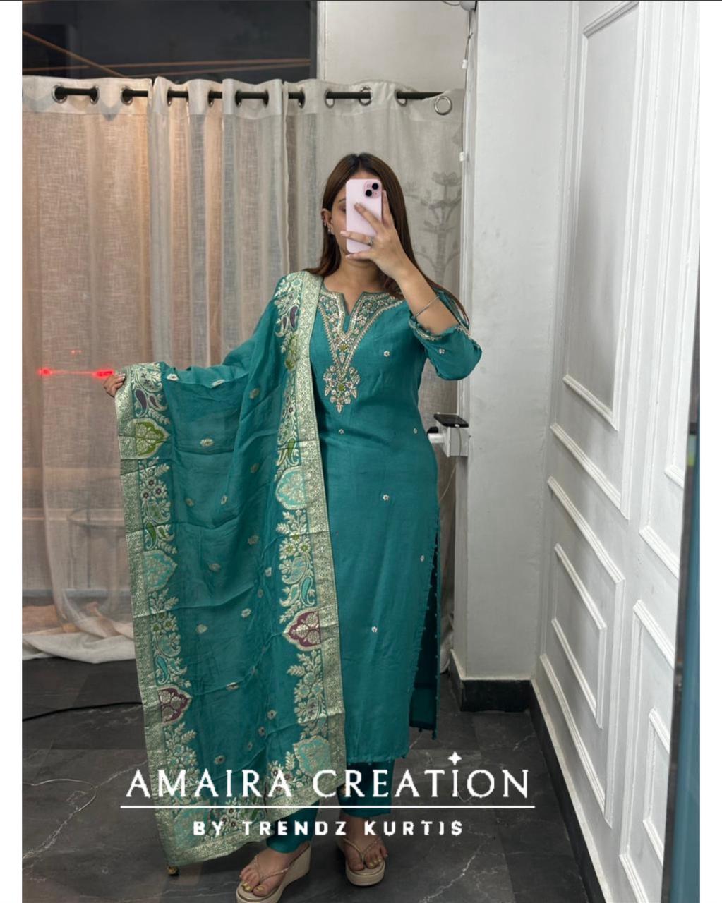 Premium Dola Silk Sea Green Pant Set With Beautiful Banarasi Dupaata