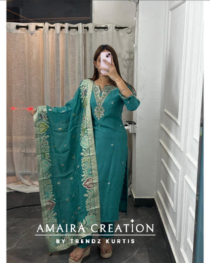 Premium Dola Silk Sea Green Pant Set With Beautiful Banarasi Dupaata