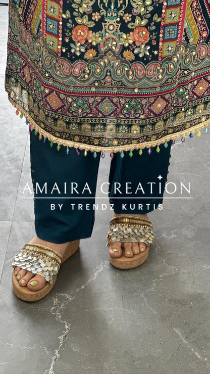 Premium Chinnnon Multi Blue Colour Pant Set