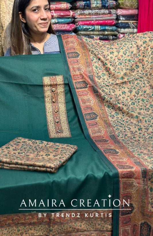 Green Premium Pashmina Unstitched Suit With Printed Shawl & Bottom