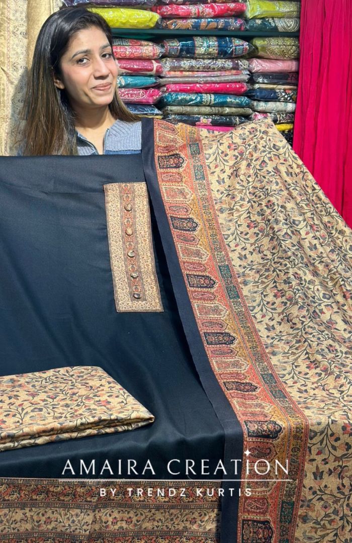 Black Premium Pashmina Unstitched Suit With Printed Shawl & Bottom