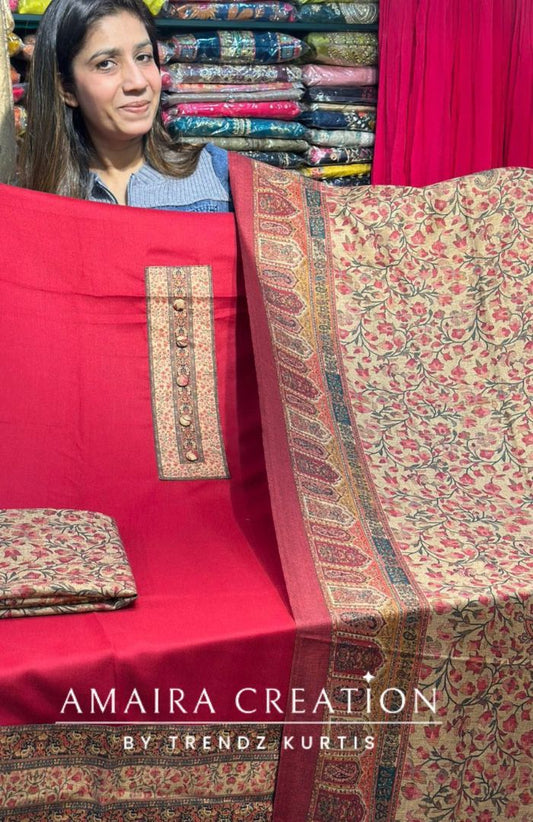 Red Premium Pashmina Unstitched Suit With Printed Shawl & Bottom