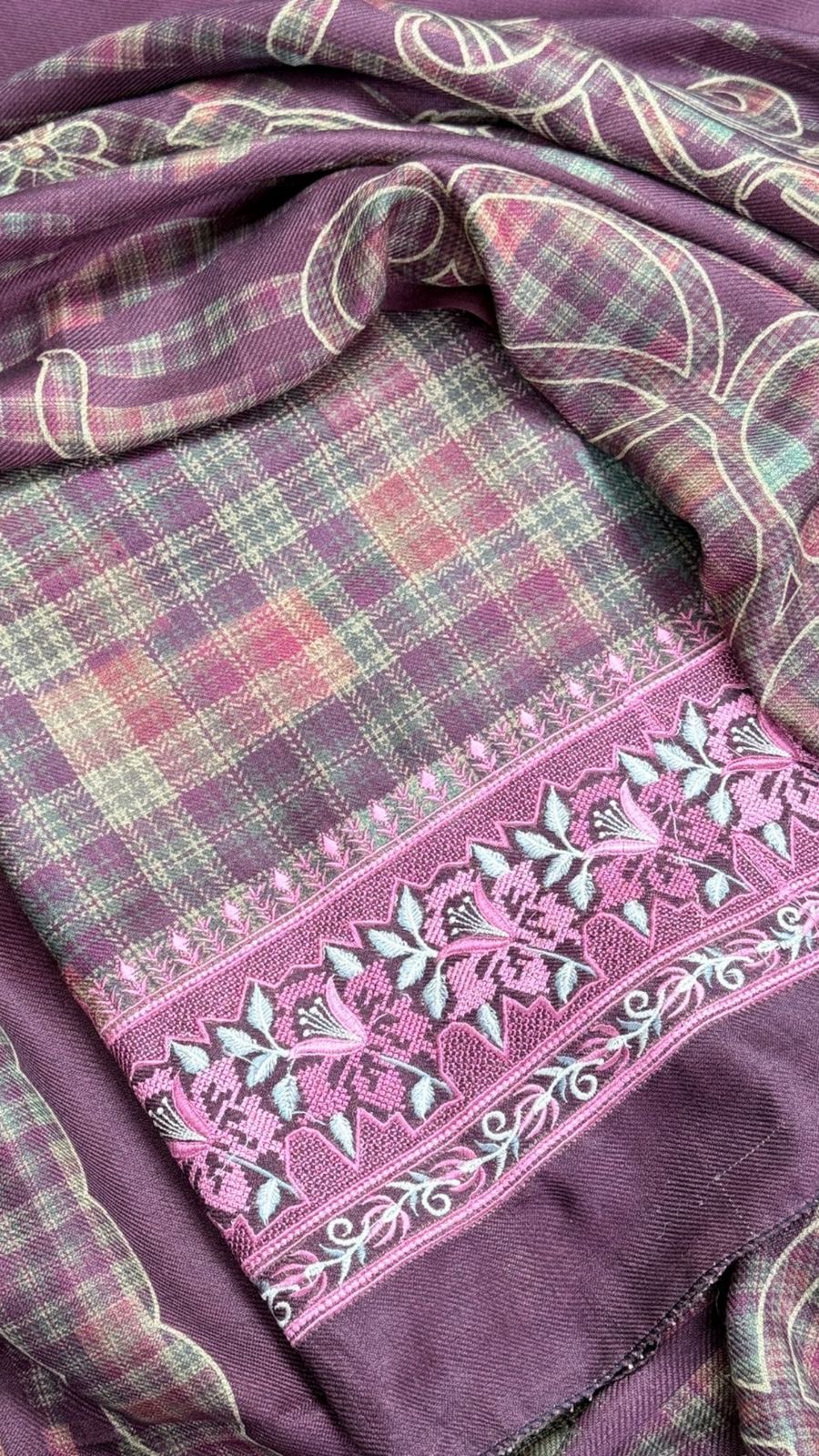 Premium Wine Pashmina Fabric Check Pattern Unstitched Suit